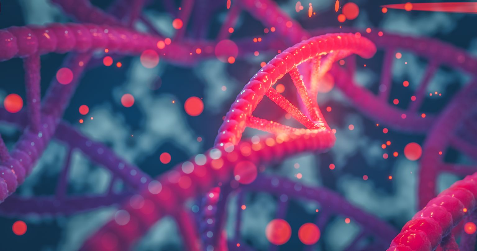 Hélice de ADN genes coloreados cromosomas secuencia de ADN, estructura de ADN con brillo. Concepto de ciencia, ilustración 3d de fondo