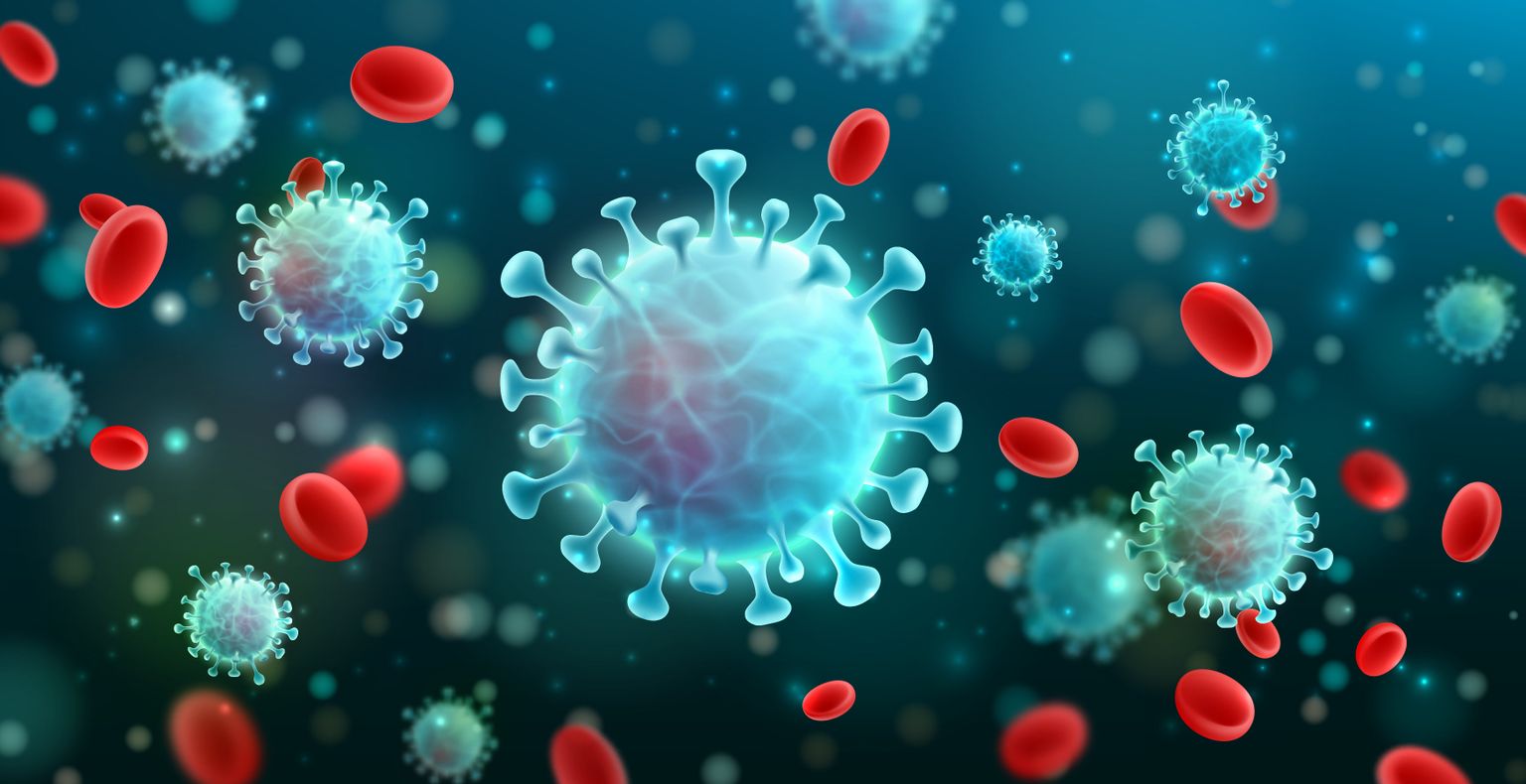 Vector illustration of coronavirus 2019-nCoV and virus background with disease cells and red blood cells.COVID-19 corona virus outbreak and pandemic concept for medical healthcare