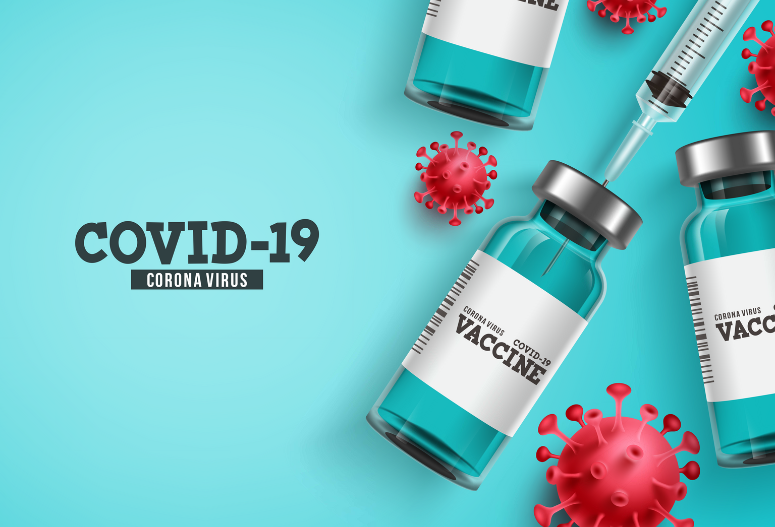 Covid-19 corona virus vaccine background with vaccine bottle and syringe injection tool for Covid19 vaccination. Vector illustration.