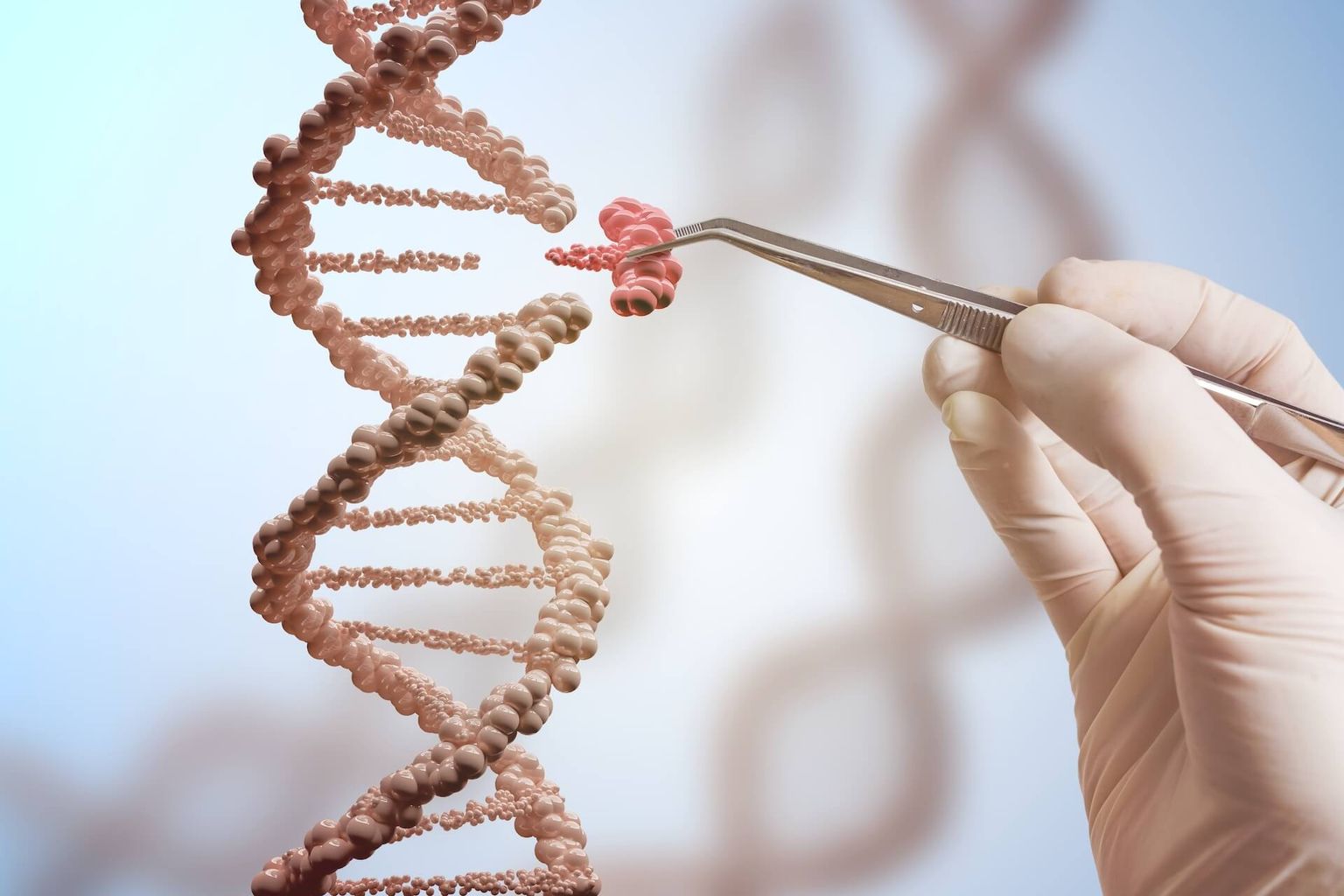 Concepto de ingeniería genética y manipulación genética. La mano sustituye parte de una molécula de ADN. Representación en 3D del ADN.