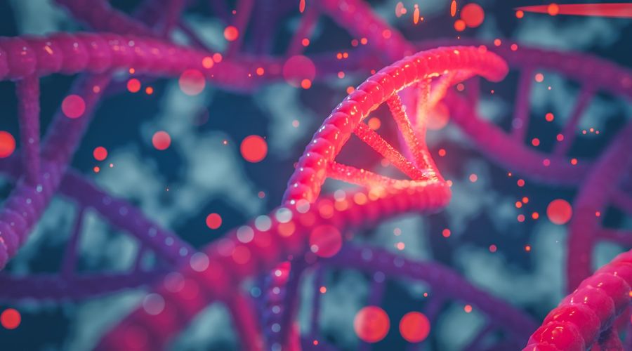 Hélice de ADN genes coloreados cromosomas secuencia de ADN, estructura de ADN con brillo. Concepto de ciencia, ilustración 3d de fondo