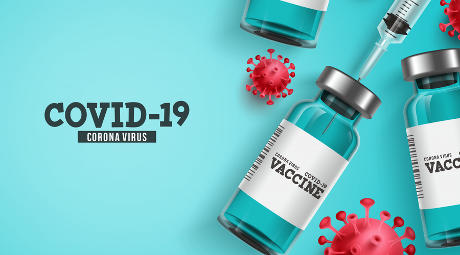 Fondo de la vacuna contra el virus de la corona Covid-19 con frasco de vacuna y herramienta de inyección de jeringa para la vacunación de Covid19. Ilustración vectorial.