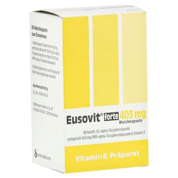 Eusovit forte 403 mg Weichkapseln Wirkstoff: DL-alpha-Tocopherolacetat (entspricht 403 mg RRR-alpha-Tocopheroläquivalent) Vitamin E