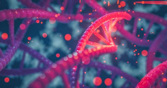 DNA helix gekleurde genen chromosomen DNA sequentie, DNA structuur met gloed. Het concept van de wetenschap, achtergrond 3d illustratie