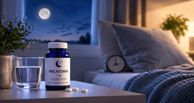 Melatonin Präparat Melatonin Präparat neben Wasserglas auf Nachttisch neben Bett stehend