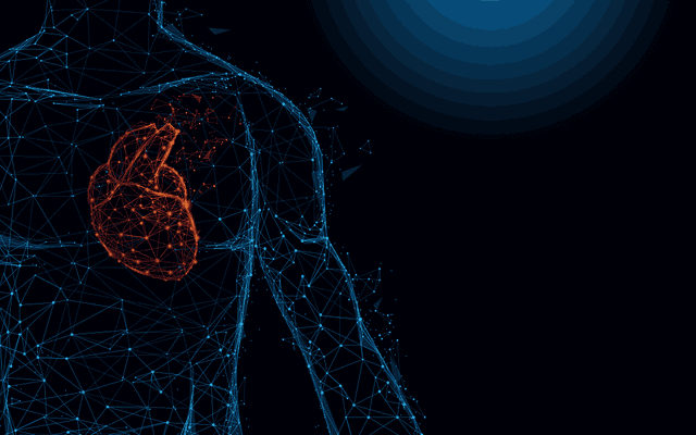 Formes anatomiques du cœur humain, lignes et triangles, maillage de points sur fond bleu. Illustration vectorielle