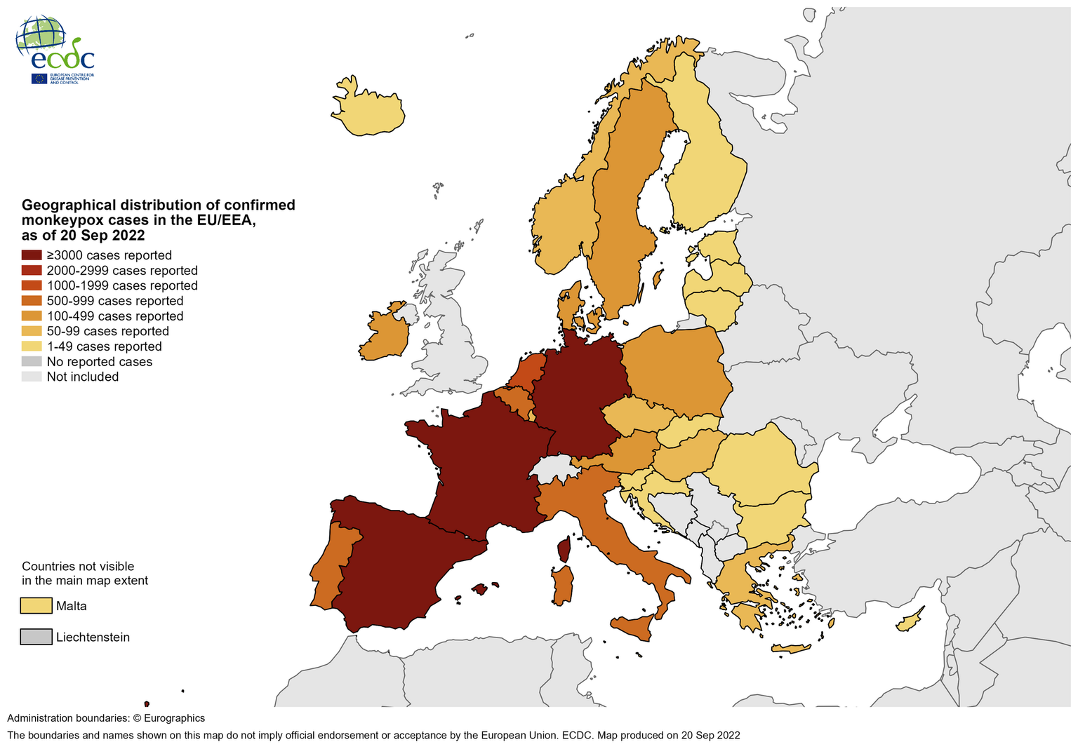 Geographical map with distribution of monkeypox in Europe