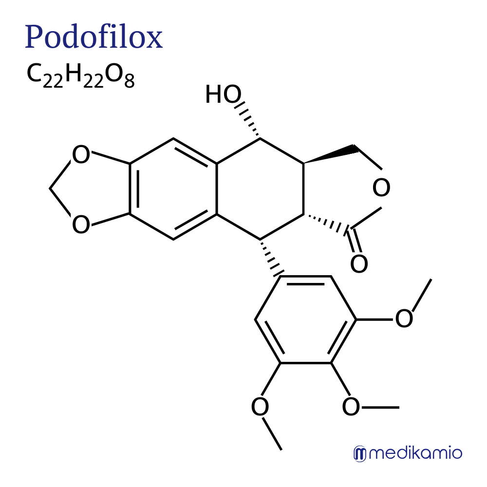 Fórmula estructural gráfica de la sustancia activa podofilotoxina