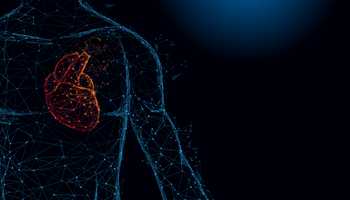 De anatomievormen van het menselijke hart lijnen en driehoeken, punt verbindend netwerk op blauwe achtergrond. Illustratie vector