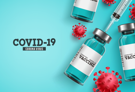 Sfondo del vaccino del virus corona Covid-19 con flacone del vaccino e strumento di iniezione con siringa per la vaccinazione Covid19. Illustrazione vettoriale.