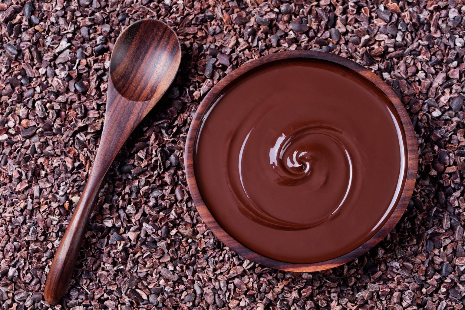 Bowl of melted chocolate and wooden spoon on a crushed raw cocoa beans, nibs background. Copy space Top view