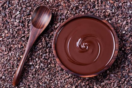 Spoon and a bowl of melted chocolate on cocoa beans.