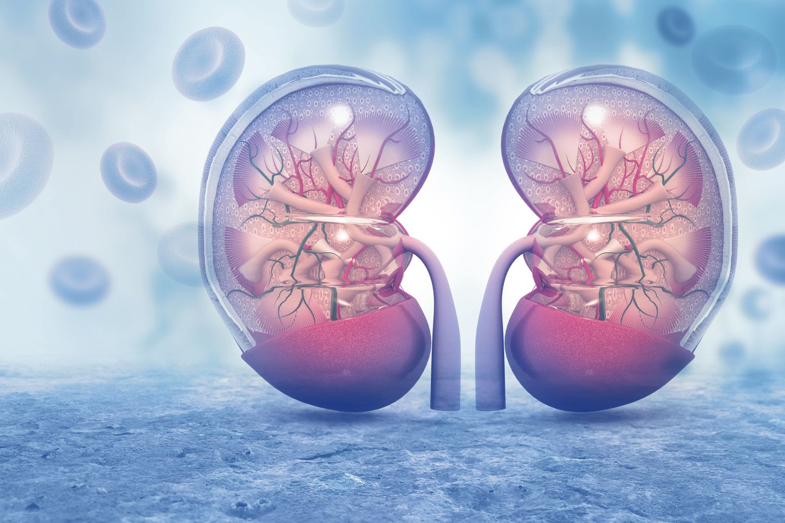 Menschlicher Nierenquerschnitt auf wissenschaftlichem Hintergrund. 3D-Illustration