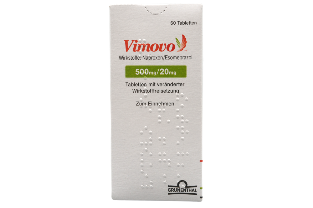 Abbildung Vimovo 500 mg/20 mg Tabletten mit veränderter Wirkstofffreisetzung