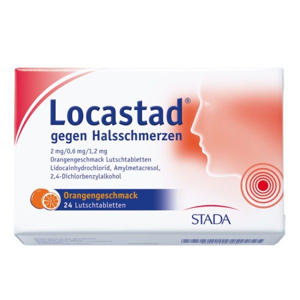 Abbildung Locastad gegen Halsschmerzen 2 mg/0,6 mg/1,2 mg Orangengeschmack Lutschtabletten