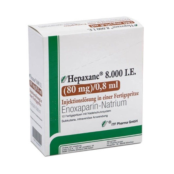 Abbildung Hepaxane 8.000 IE (80 mg)/0,8 ml Injektionslösung in einer Fertigspritze