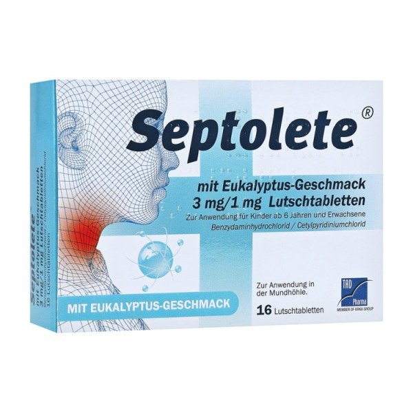 Abbildung Septolete mit Eukalyptus-Geschmack 3 mg/1 mg Lutschtabletten