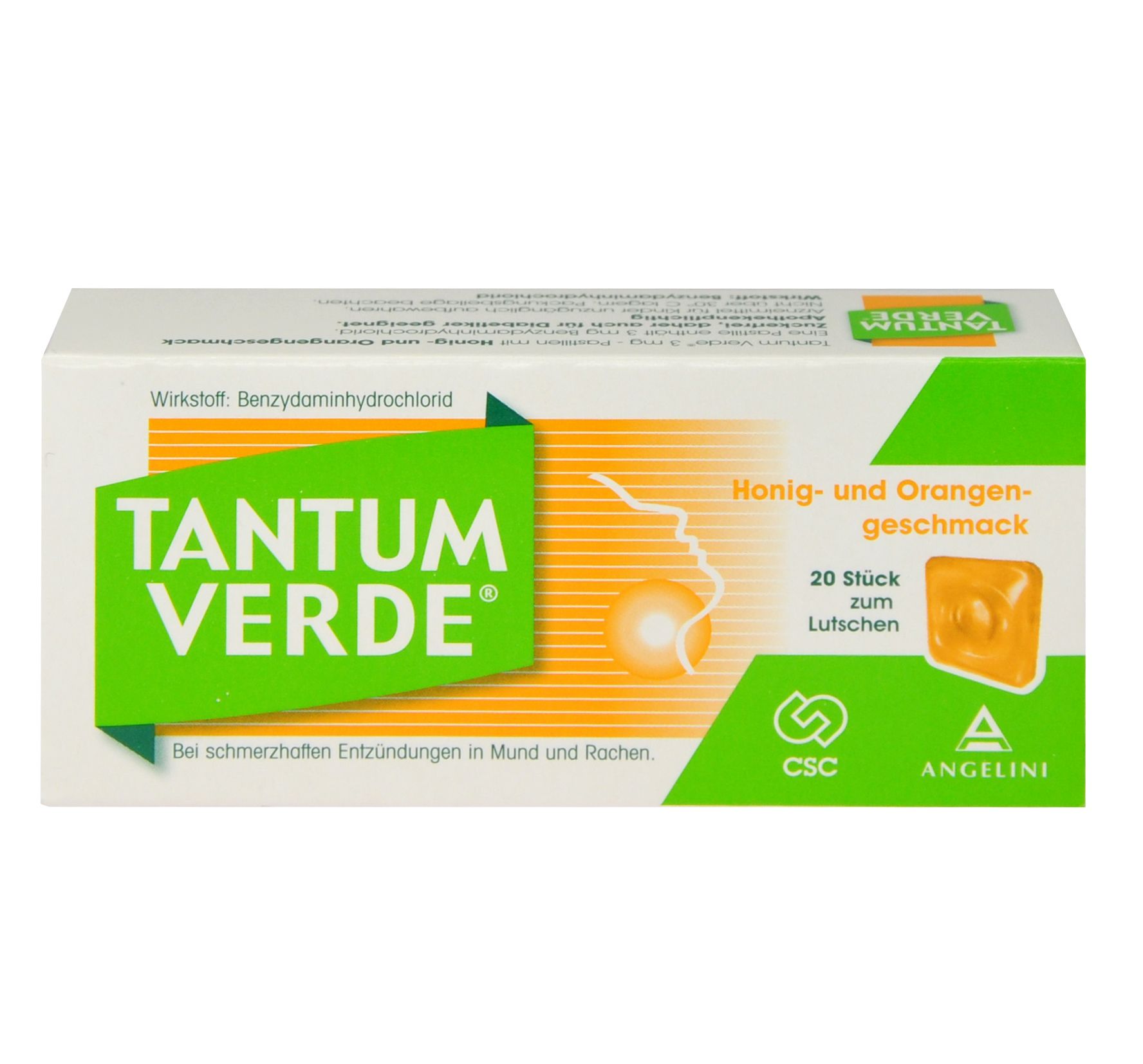 Abbildung Tantum Verde 3 mg – Pastillen mit Honig- und Orangengeschmack
