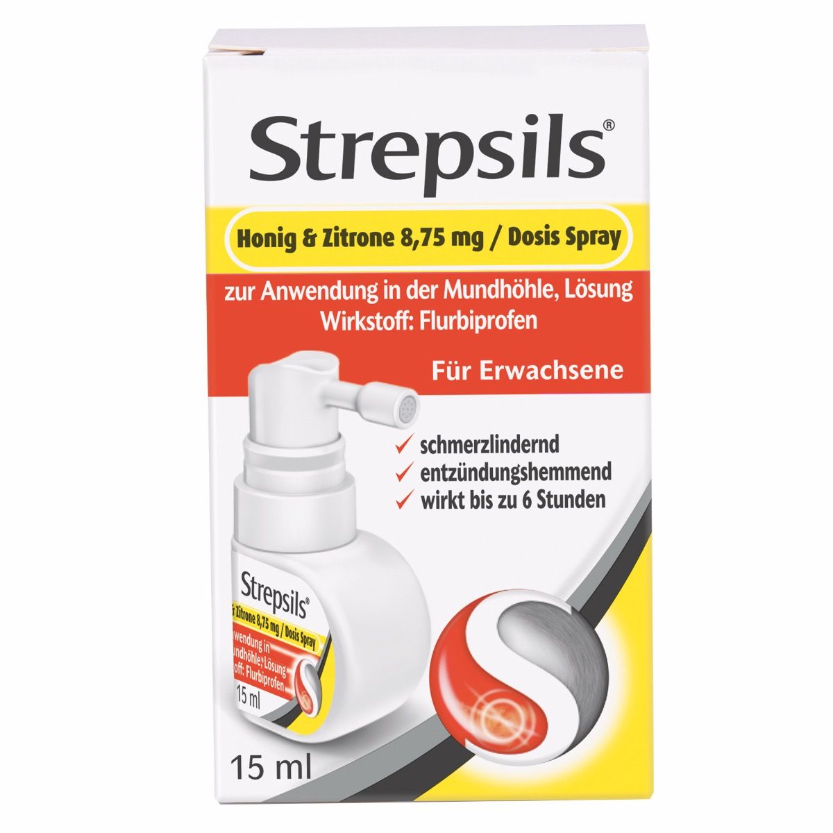 Abbildung Strepsils Honig & Zitrone 8,75 mg/Dosis Spray zur Anwendung in der Mundhöhle, Lösung